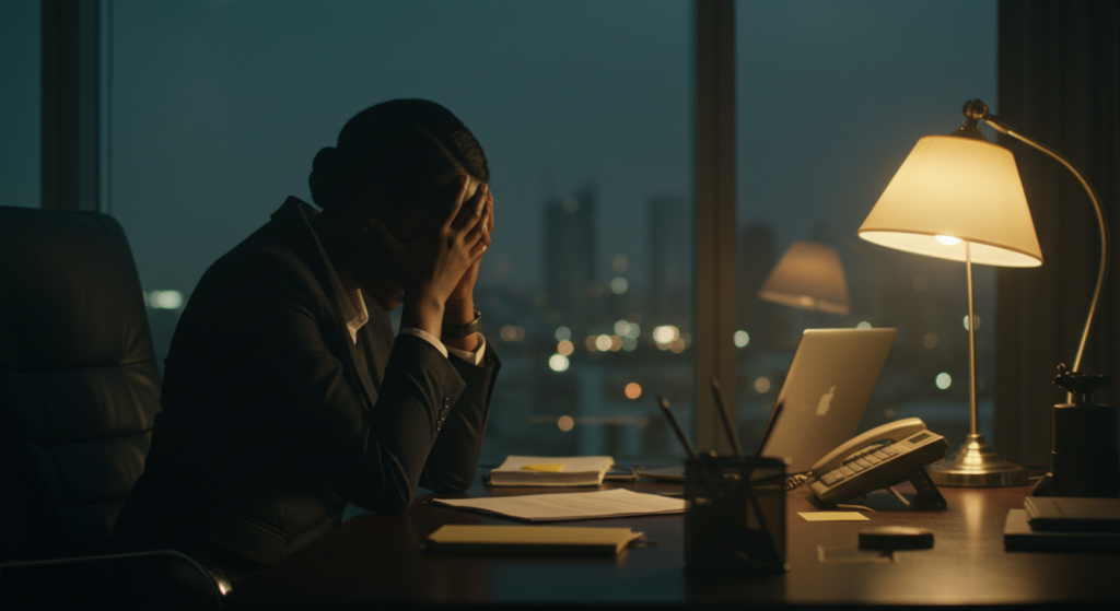 Executive experiencing burnout, looking stressed at a desk with a subtle hint of relief or progress
